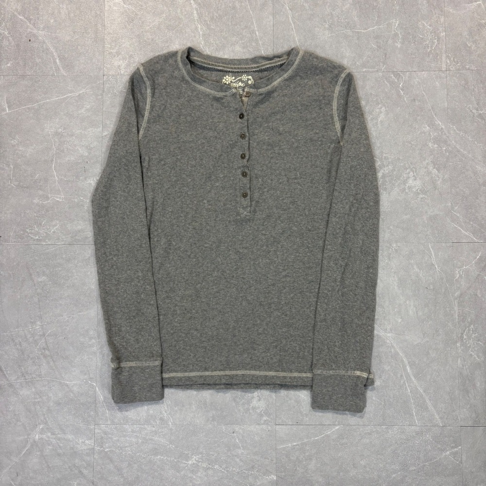 Mossimo Womens Gray Waffle Knit Henley Long Sleeve Shirt 100% Cotton Size XL